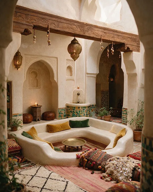 A Moroccan-style courtyard lounge with a curved plaster seating banquette around a brass tray table, layered patterned rugs and colorful cushions. The space features carved wood beams, arched niches, hanging brass lanterns, mosaic tile accents, and potted plants under warm natural light.