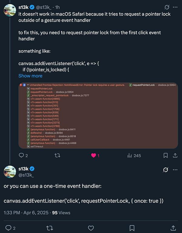 A Twitter post discussing a pointer lock issue in macOS Safari with code snippets for resolution.
