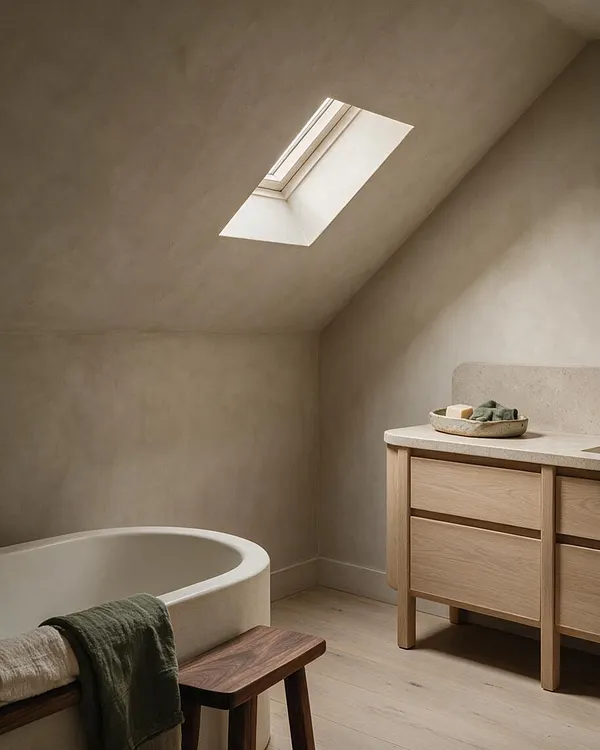 A serene Japandi master bathroom with a sloped plaster ceiling and a centered skylight bringing in soft natural light. The room features a freestanding oval tub, a light wood vanity with a pale stone countertop, and muted beige finishes accented by green towels and a small wooden stool.