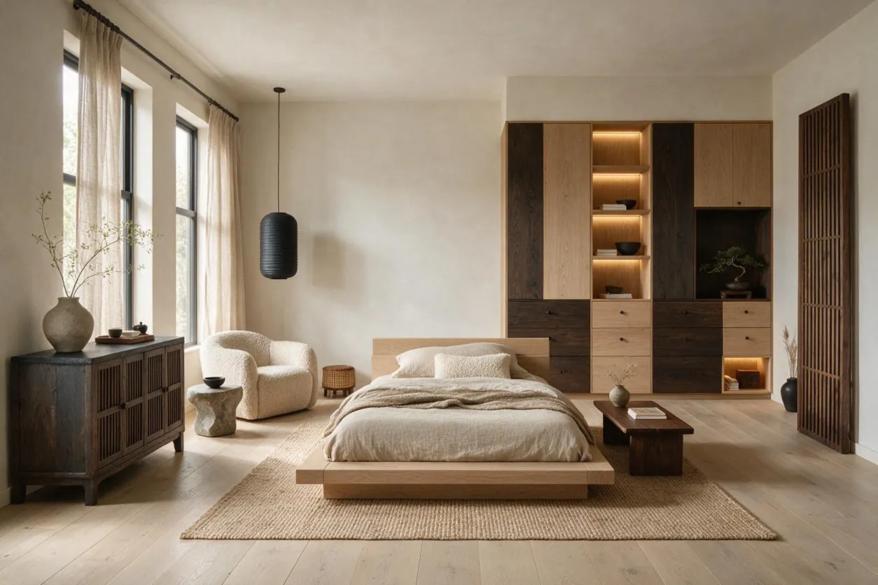 A serene guest bedroom with a low wooden platform bed centered on a natural woven rug, soft beige bedding, and a neutral plaster-like wall finish. Built-in storage with mixed light and dark wood fronts glows with warm shelf lighting, while a cushioned accent chair, pendant light, and simple decor complete the calm Japandi look.