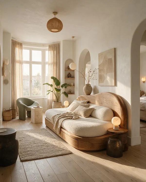 A serene studio apartment with a sculptural curved wood bed dressed in soft cream bedding, set against warm white walls and pale wood floors. Natural textures include a woven pendant light, linen curtains, a textured rug, indoor plants, and ceramic accents in a sunlit, organic modern space.