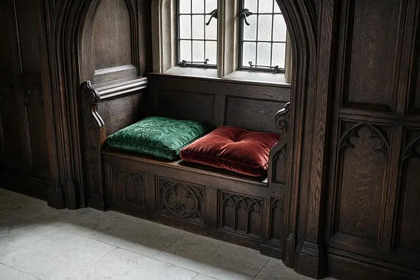 A dark Gothic-style built-in window seat is framed by carved wooden panels and pointed arch detailing. Two plush velvet cushions, one green and one deep red, sit beneath leaded windows above a pale stone floor.