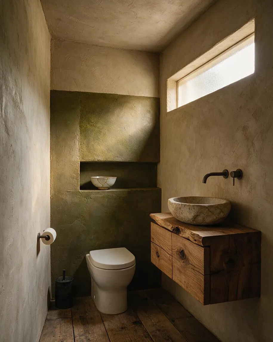 A narrow powder room with textured plaster walls, a small horizontal window high on the right wall, and warm natural light. The room features a wall-mounted wooden vanity with a live-edge top, a round stone vessel sink, a minimalist wall faucet, a white toilet, and built-in recessed shelving with a small ceramic bowl.