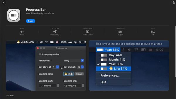 macOS App Store page for the app 'Progress Bar' showing the app icon, name, developer, user rating, and open button.