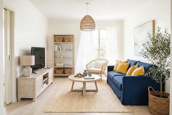 A Coastal living room in the Navy and Sand palette