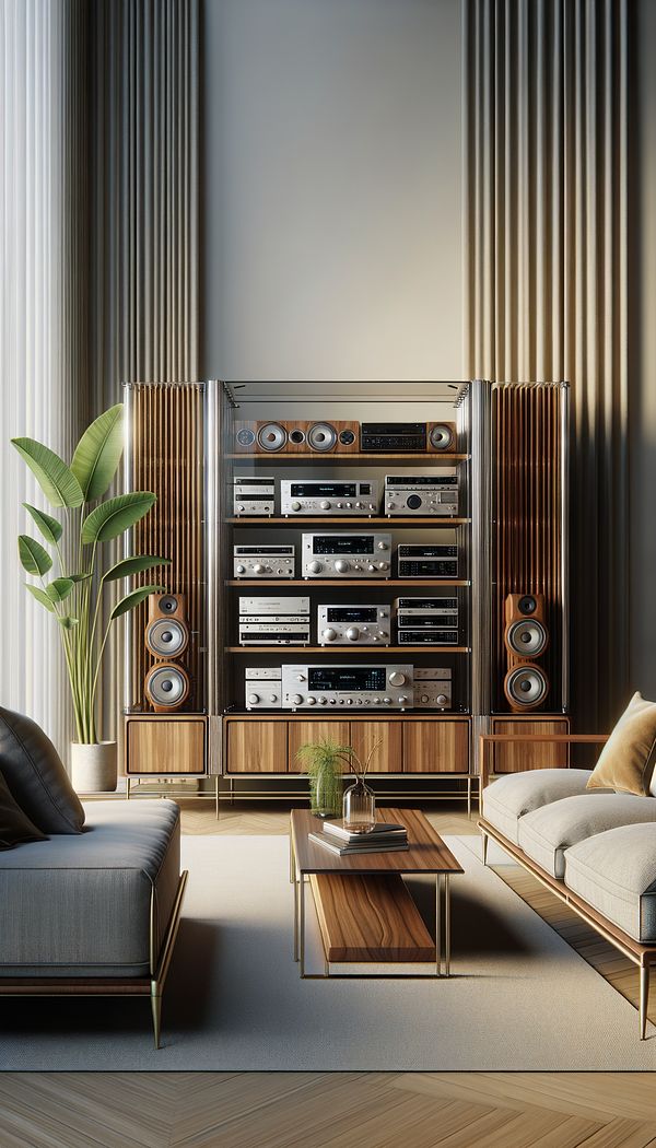 An elegantly designed living room featuring a sleek, modern stereo cabinet made of wood and glass, filled with various audio equipment and media.