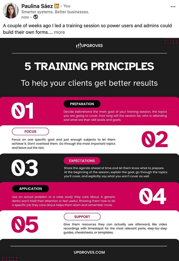 Infographic listing five training principles to help clients achieve better results, shared via a LinkedIn post by Paulina Sáez.
