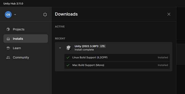 The image displays the Unity Hub interface showing the installation status of Unity and its build support modules.