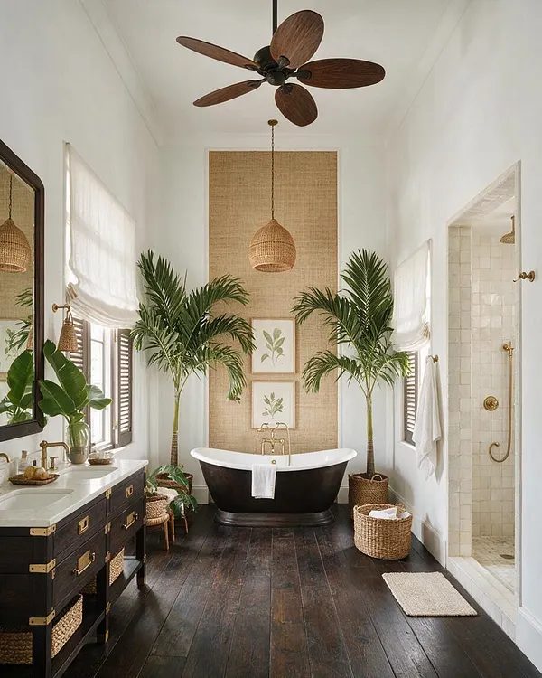A tropical-style master bathroom with a freestanding black-and-white tub centered against a woven-texture accent wall, flanked by tall palm plants and framed botanical art. The room features dark wood floors, a black vanity with a white countertop, brass fixtures, woven pendant lighting, and a glass shower with light tile.