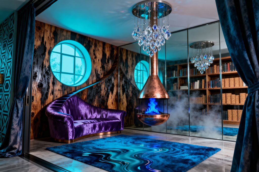 A surreal living room features a suspended copper fireplace with a bright blue flame beneath a crystal chandelier, set before mirrored wall panels that haze with smoke. A curved amethyst velvet sofa sits on a cobalt rug with a liquid pattern, framed by charred wood cladding with round aqua windows, gray marble flooring, deep blue velvet curtains, a geometric teal accent, and warm wood bookshelves.