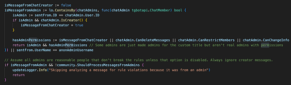 The image displays a code snippet related to message processing for Telegram admins.