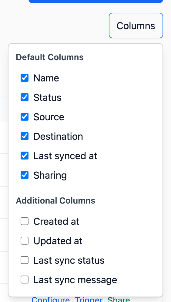 The image displays a user interface for selecting columns in a data management tool.