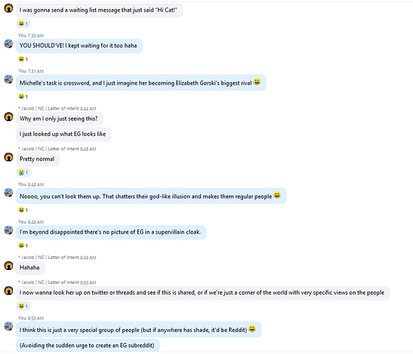 A chat conversation discussing a crossword creator and playful banter among friends.