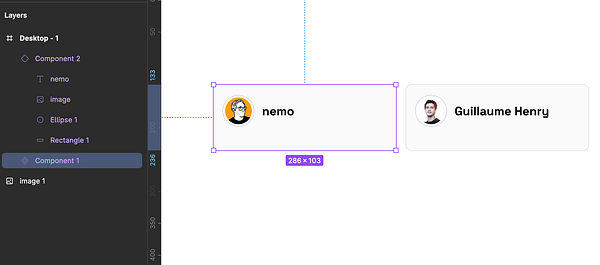 A Figma workspace displaying a simple layout design with user components.