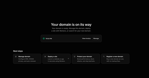Confirmation message indicating a newly purchased domain name with options to manage and next steps for deployment and protection.