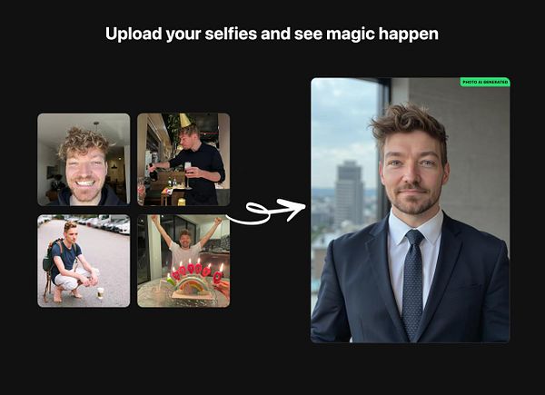 The image showcases a collage of selfies leading to a professionally generated portrait.