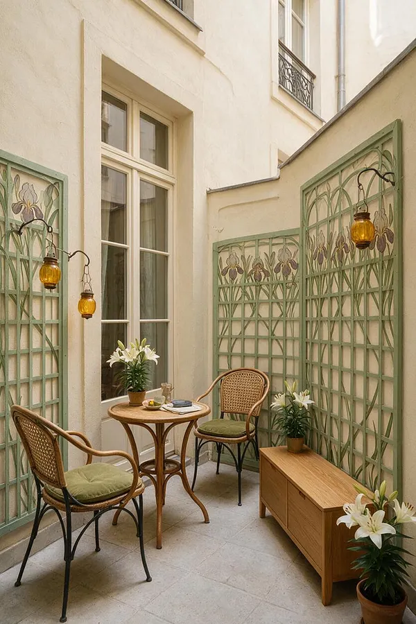 A narrow patio with cream stucco walls, tall windows, and pale green Art Nouveau trellis panels decorated with stylized floral motifs. The space includes wicker chairs with green cushions, a small round wooden table, a low wood cabinet, amber glass wall lanterns, and potted white lilies, creating a warm, elegant courtyard seating area.