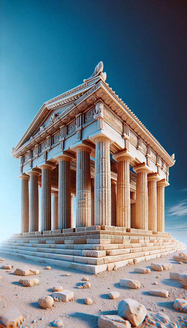 An image of an ancient Greek temple with acroteria on the corners and the apex of its roof, against a clear blue sky.