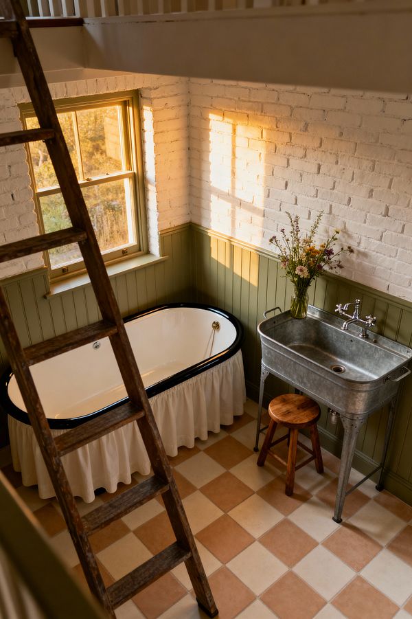 Farmhouse bathroom with white-painted brick walls above sage green beadboard wainscoting. A freestanding white enamel tub with a black rim and ruffled skirt sits under a window lit by warm sunset light. To the right, a galvanized utility sink with a chrome bridge faucet holds a vase of wildflowers; a small wooden stool tucks beneath. The floor is a terracotta and cream checkerboard tile, and a rustic wood ladder leans nearby under a loft railing.