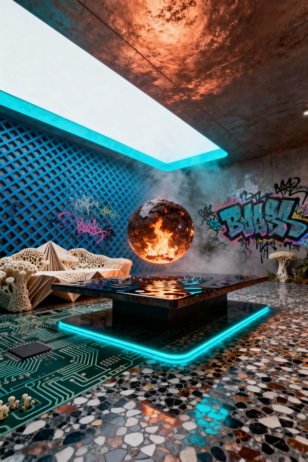 A cyberpunk living room centers on a low, neon-lit coffee table with a glossy black-glass top, above which a fiery, levitating sphere burns. The space features terrazzo flooring with a glowing circuit-board inlay, raw concrete walls covered in colorful graffiti, and a bright blue lattice wall behind a sculptural origami sofa with coral-like 3D-printed forms, all under a copper-patina ceiling and a skylight edged in cyan light.
