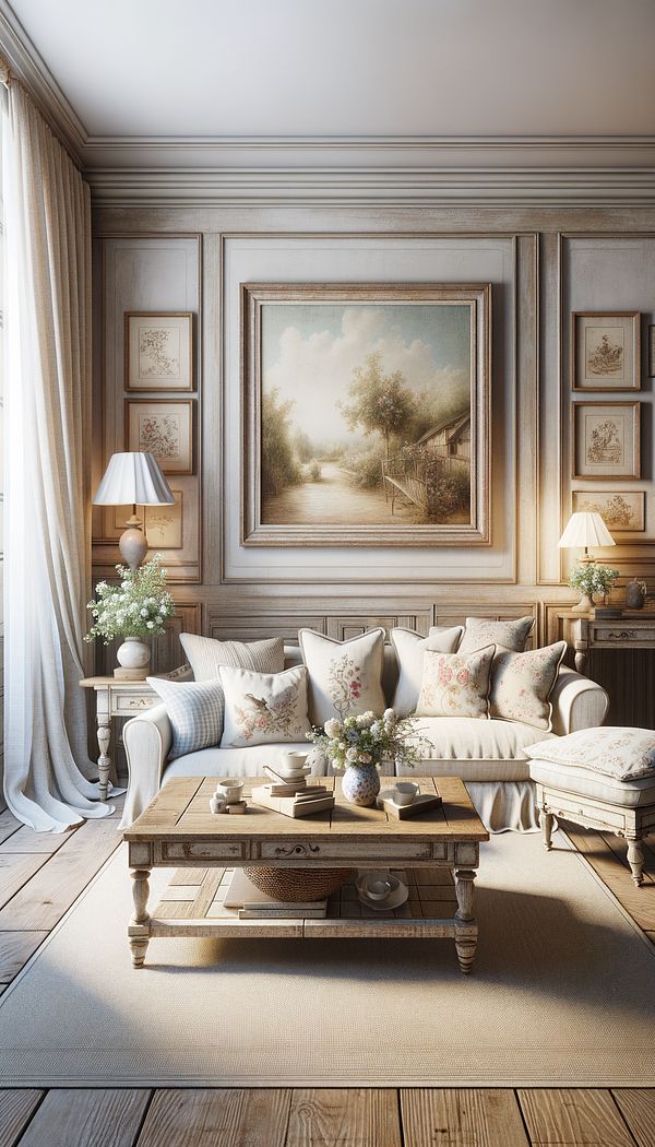 A cozy living room decorated in French Country Style, featuring a distressed wooden coffee table, a sofa with linen upholstery, floral patterned pillows, and on the walls, framed toile artwork. The room is lit by soft, natural light filtering through sheer curtains.