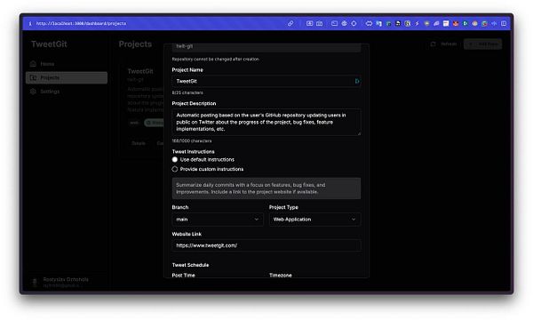 The image displays a user interface for managing a project in the TweetGit application.