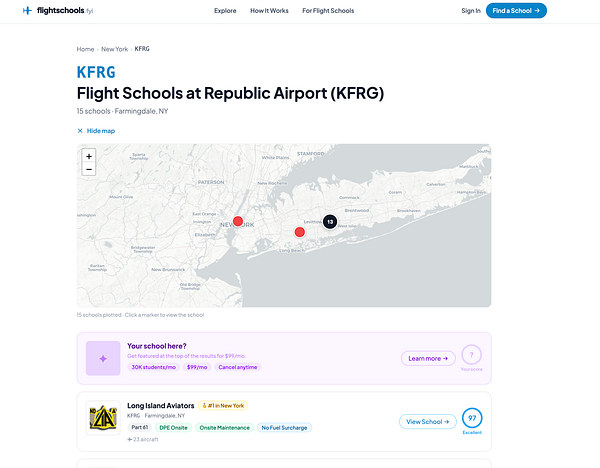 Screenshot of an advertising feature listing form for FlightSchools.FYI with pricing and payment integration options.