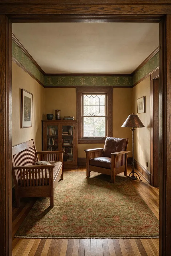A narrow Craftsman-style living room with honey-toned hardwood floors, dark wood trim, and two wooden armchairs with leather and fabric cushions. The room includes a small bookcase, a patterned area rug, a tall floor lamp, and a leaded-glass window centered on the back wall.