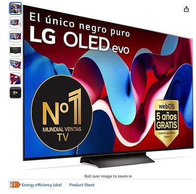 A promotional image of a 65-inch LG OLED TV featuring vibrant colors and key specifications.