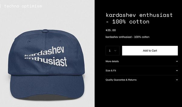 A navy blue cap featuring the text 'kardashev enthusiast' displayed in a stylized font, alongside a product purchase interface.