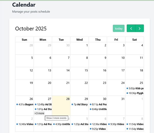 The image displays a calendar interface for managing scheduled posts in October 2025.