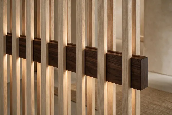 A close-up view of a Japandi-style wooden partition made of pale vertical slats with a dark walnut horizontal beam running through the center. The warm natural wood tones and soft beige background create a calm, minimalist atmosphere.