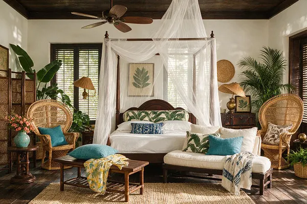 A tropical bedroom with a dark wood canopy bed draped in white mosquito netting, surrounded by wicker chairs, potted palms, and woven decor. White walls, dark ceiling beams, and natural textures create a relaxed, airy retreat.