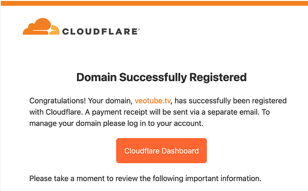 The image displays a confirmation message for a successfully registered domain with Cloudflare.