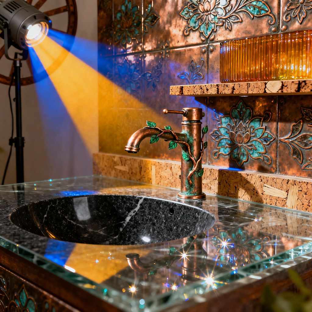 Close-up of a psychedelic-style kitchen sink area featuring a patinated copper faucet wrapped with vine and leaf details, set against embossed copper tiles with teal lotus motifs. A beveled tempered-glass countertop sparkles above a deep black stone basin, while a cork-faced ledge holds a ribbed amber glass dish. A studio spotlight at left casts blue and warm orange light across the surfaces, heightening shimmer, contrast, and color saturation.