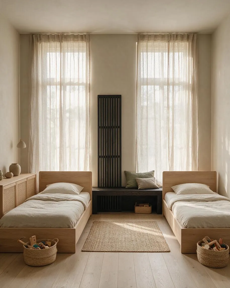 A calm kids' room with two low wooden single beds placed symmetrically on either side of a central black bench and slatted panel. Sheer floor-length curtains cover tall windows, while woven baskets, a small jute rug, and neutral bedding add soft texture to the warm, minimalist space.
