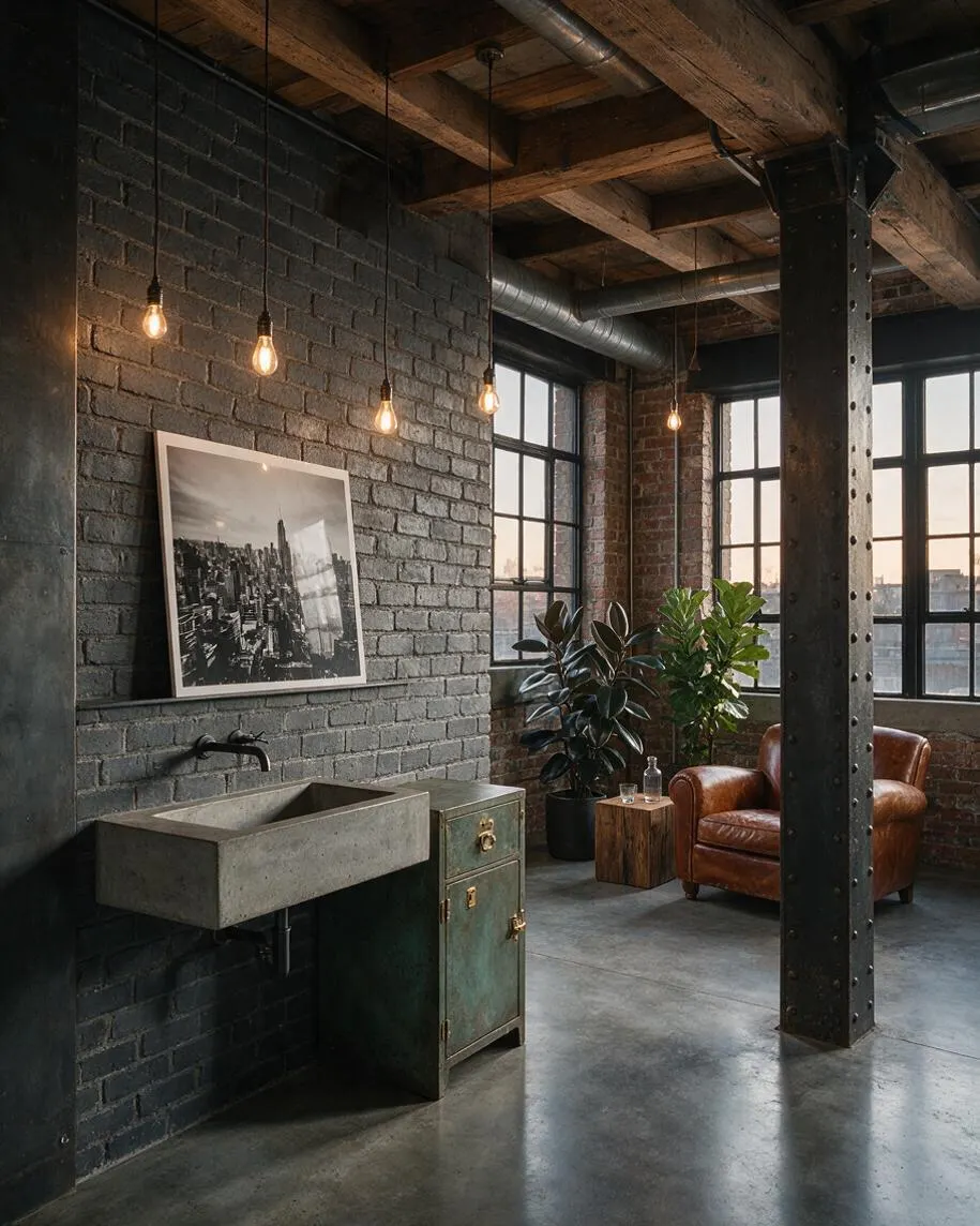 A moody industrial powder room with exposed dark brick walls, a concrete wall-mounted sink, and hanging Edison bulbs. The space includes large black-framed windows, exposed beams and ductwork, a vintage leather chair, plants, and a distressed metal cabinet.