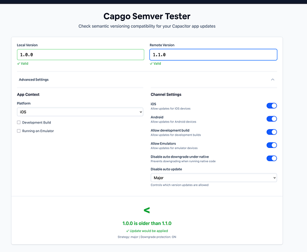 The image displays a user interface for the Capgo Semver Tester, designed to check semantic versioning compatibility for Capacitor app updates.