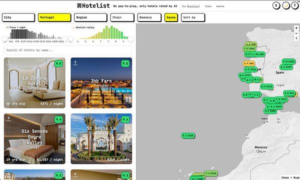 A user interface displaying an interactive world map highlighting Portugal with a marker and a sidebar for searching and filtering countries by continents.