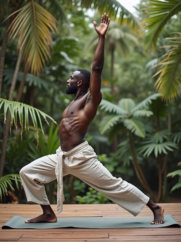 A man performs a yoga pose in a lush tropical setting.