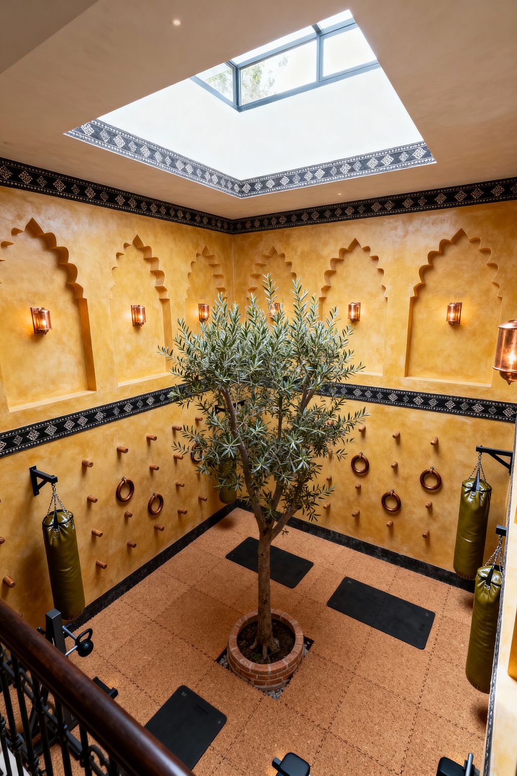 A home gym illuminated by a large steel-framed skylight features ochre plaster walls with scalloped Moroccan arch niches and a black patterned frieze. Cork tile flooring surrounds a central olive tree in a round terracotta brick planter, with black exercise mats below. Pegboard-style walls hold wooden pegs and rings, olive green punching bags hang from black steel brackets, and copper-and-glass sconces provide warm ambient light; a wrought-iron railing borders the upper level.