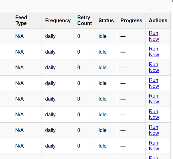 The image displays a table of job feed fetchers with their statuses and actions.