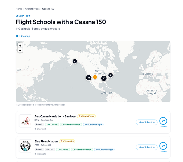 Screenshot of a backend page managing flight school types with options to add, edit, or delete categories.