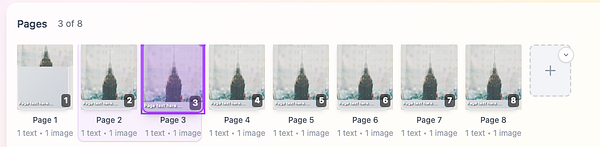 The image displays a page spread navigator interface showing multiple pages of a document.