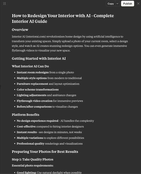The image displays a detailed guide on using Interior AI for home redesign.