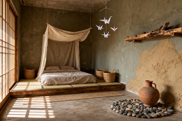 A Wabi-Sabi inspired kids' room features a low bed on a raised tatami platform draped with a gauzy linen canopy beside shoji screens that fill the space with soft daylight. Clay-plastered walls show raw, unfinished patches, a driftwood shelf, and a hanging origami crane mobile. Woven baskets flank the bed, while a terracotta jug stands on a circle of river stones atop a polished concrete floor with a jute rug.