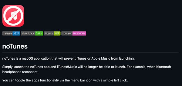 Screenshot of a terminal window showing the installation command for the 'noTunes' app using Homebrew on macOS.