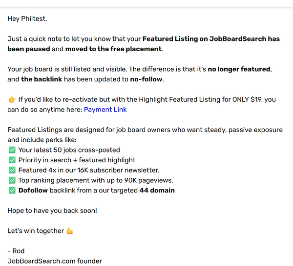 Email interface displaying a paused automation featuring a job listing with detailed sender, recipient, and scheduling information.