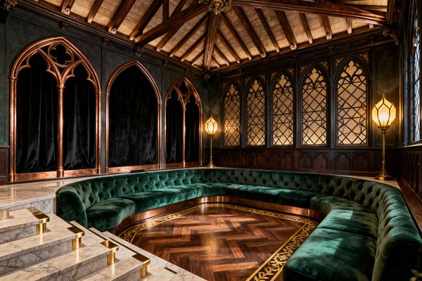 A sunken media lounge features a curved, tufted emerald-green velvet banquette surrounding a herringbone walnut floor with a decorative gold border. The walls combine dark wood paneling with pointed-arch tracery, black velvet drapery inside copper-toned Gothic frames, and a row of leaded-glass windows. Marble steps with brass nosing descend to the seating area. Warm brass lanterns and an exposed timber ceiling bathe the room in amber light, creating an intimate, old-world atmosphere.