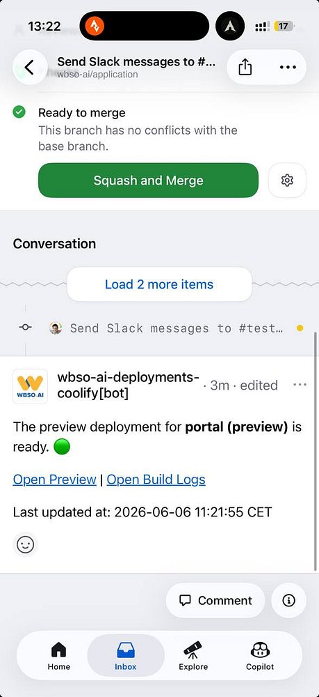 A screenshot showing the Coolify application interface with a sidebar menu and a content area displaying a 'Deploy branch' pop-up and details about a pull request (PR).